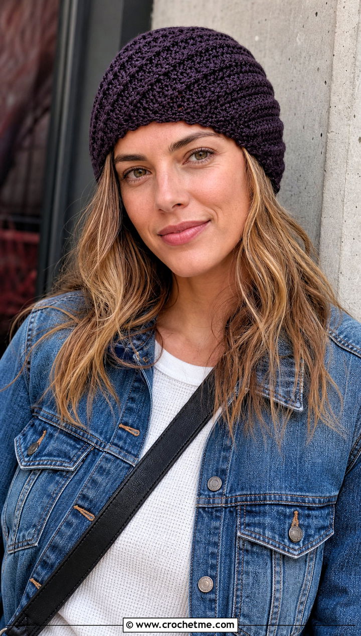 Uncuffed Mountain Ridge Crochet Beanie With Denim On Denim - 15 Mountain Ridge Crochet Beanie outfit ideas