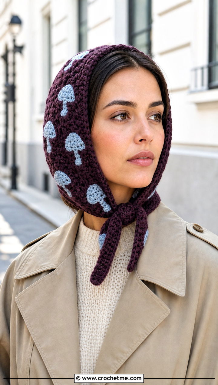 Under Chin Crochet Mushroom Triangle Scarf With Trench Coat - 15 Crochet Mushroom Head Scarf outfit ideas