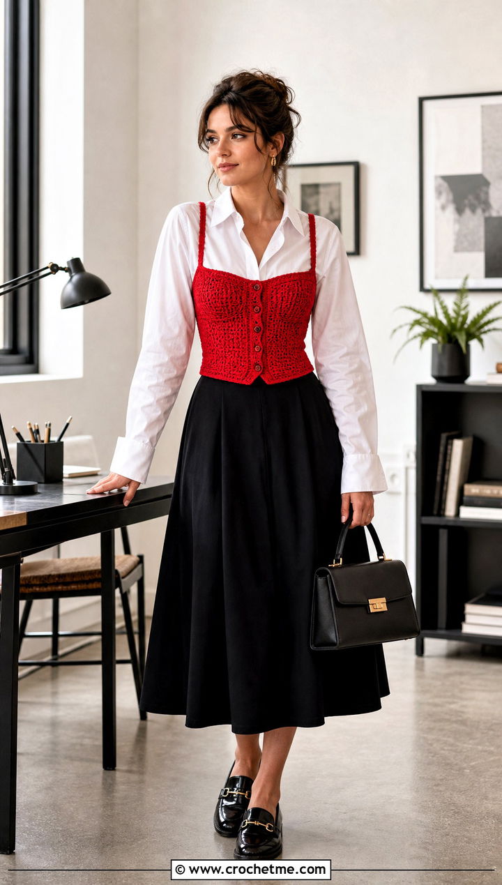 Underbust Crochet Corset Vest With White Button Down Shirt - 30 crochet corset vest outfit ideas
