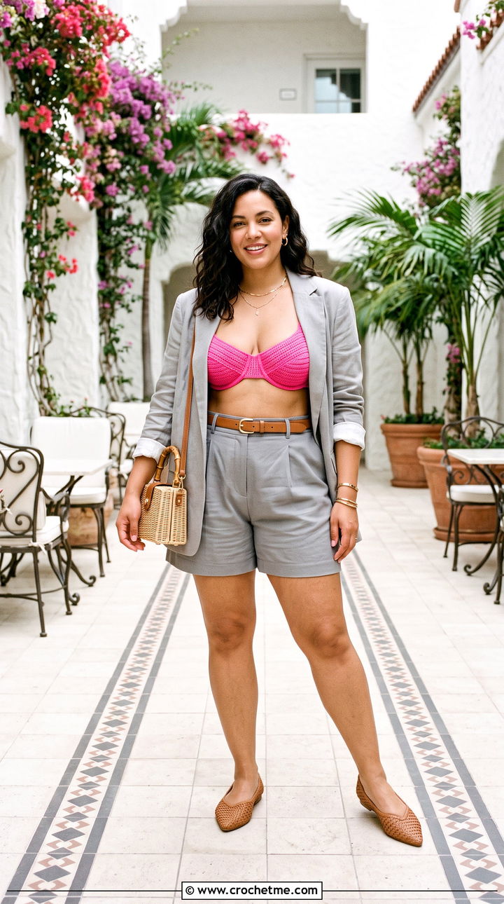 Underwire Crochet Bikini With Tailored Shorts - 15 crochet swimwear style outfit ideas