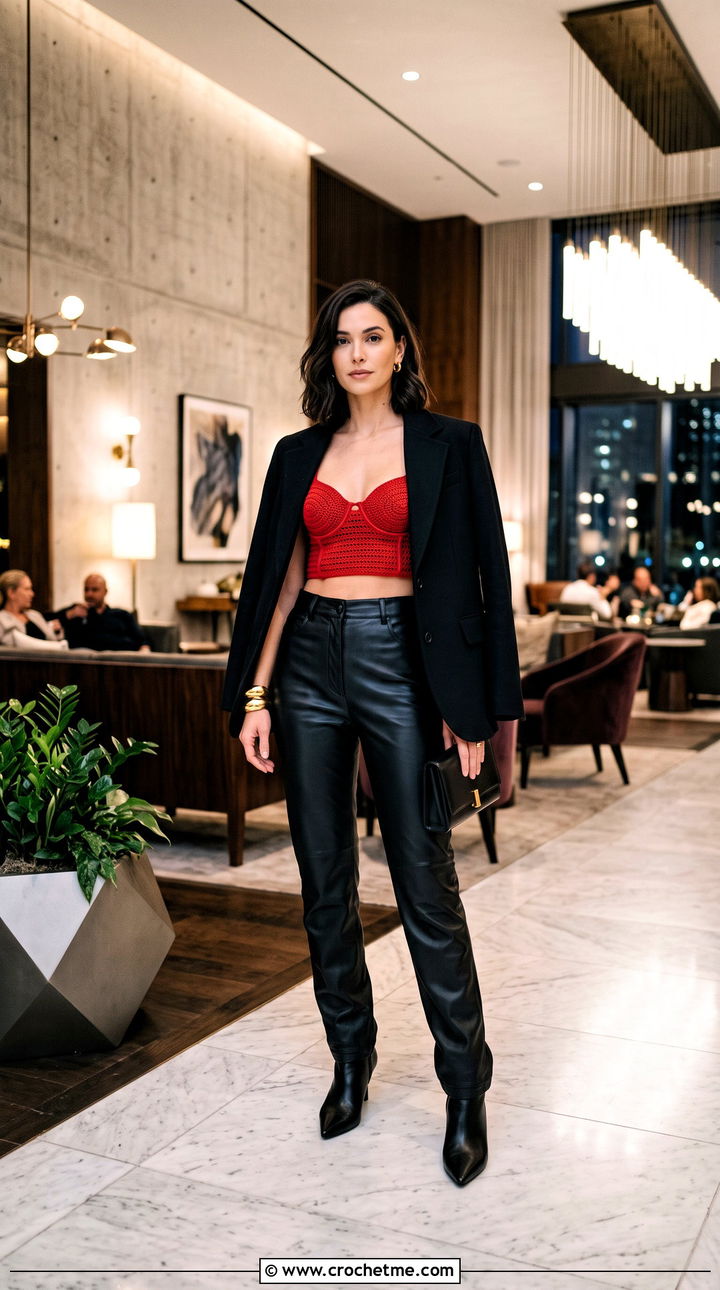 Underwire Crochet Bra Top With Leather Trousers - 35 crochet bra top outfit ideas
