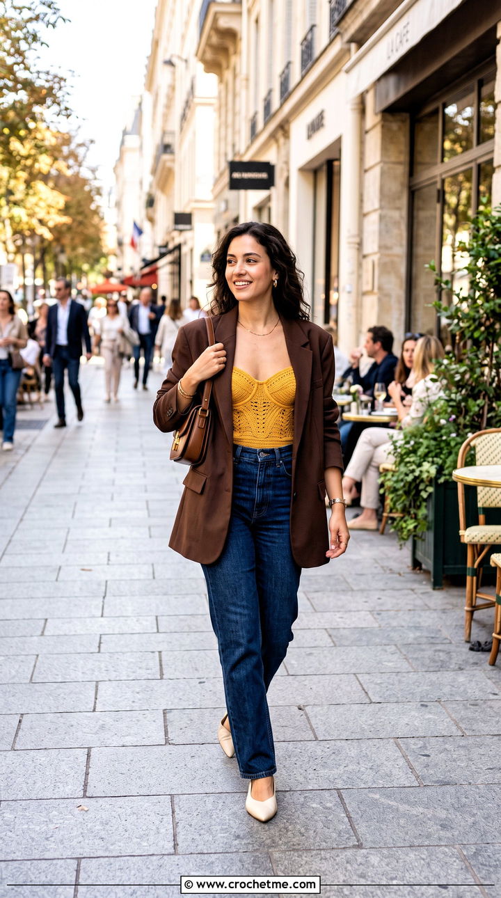 Underwire Crochet Bustier With Blazer And Jeans - 30 crochet bustier outfit ideas