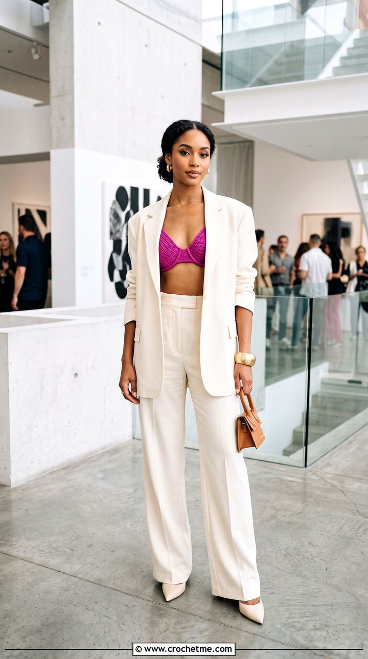 Underwire Style Crochet Triangle Top With Oversized Suit - 35 crochet triangle top outfit ideas