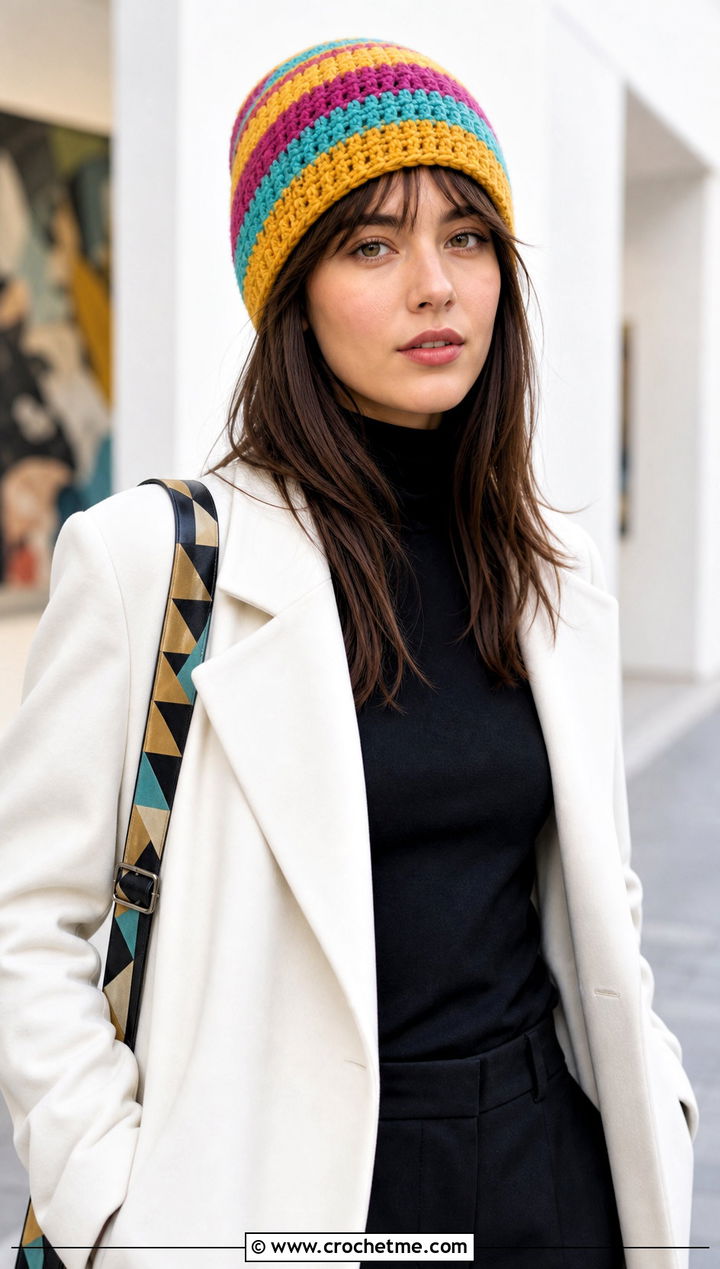 Uneven Stripe Crochet Beanie With Minimalist Coat - 25 striped crochet beanie outfit ideas