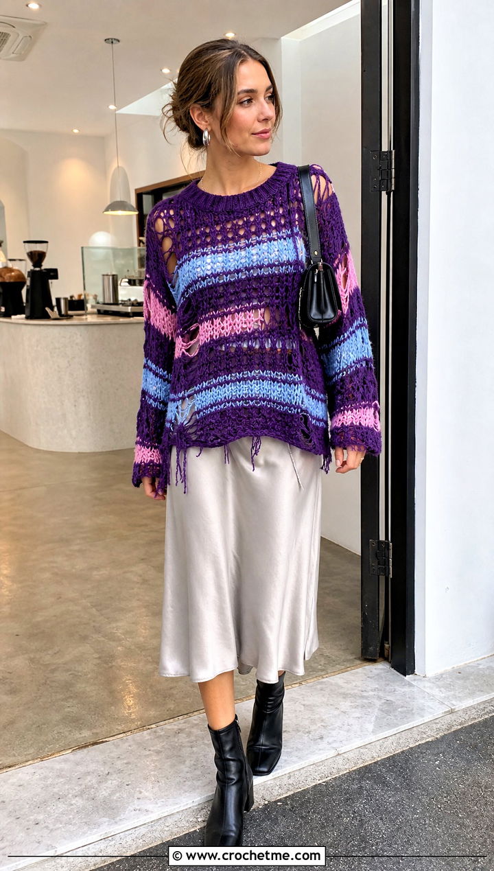 Uneven Stripe Distressed Crochet Sweater With Slip Skirt - 35 distressed crochet sweater outfit ideas