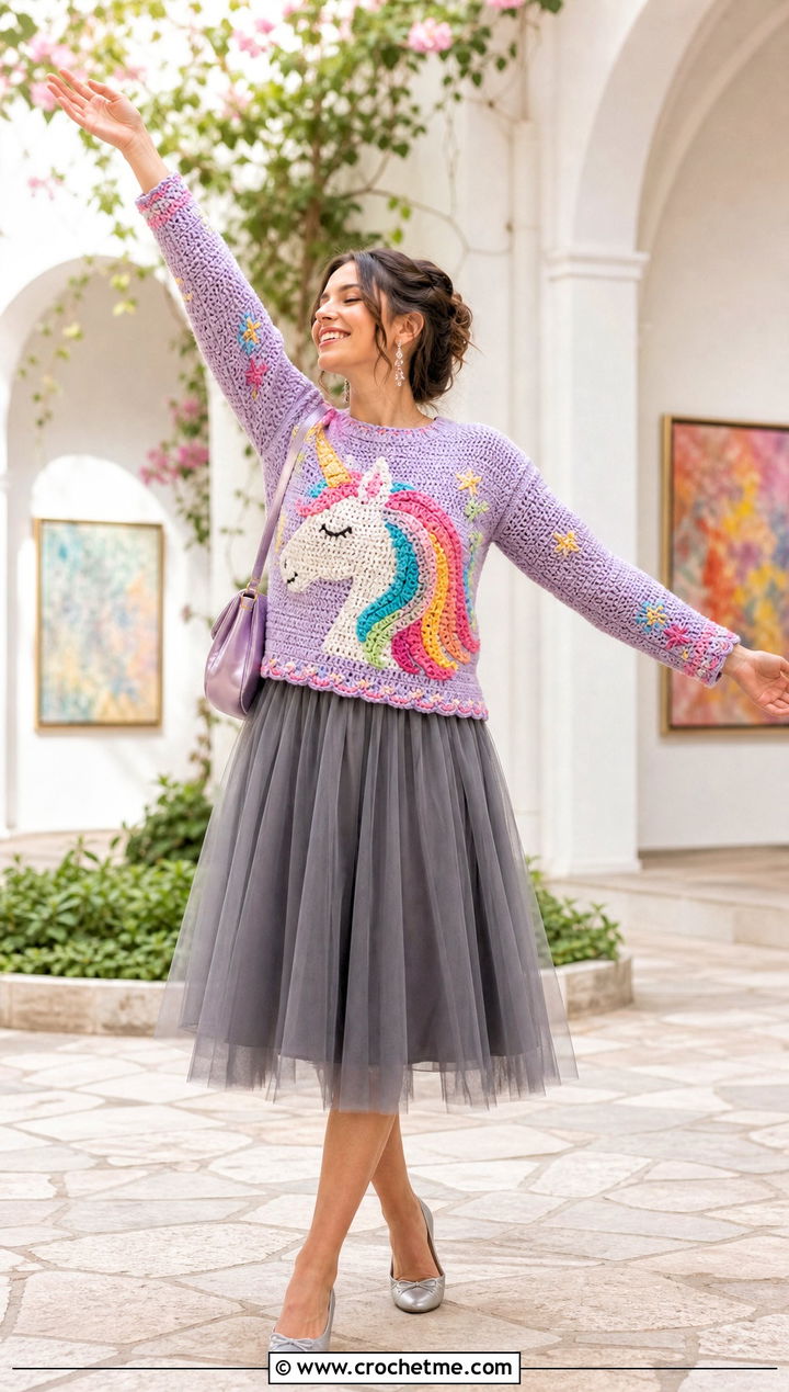 Unicorn Crochet Mabel Sweater With Tulle Midi Skirt - 35 crochet mabel sweater outfit ideas