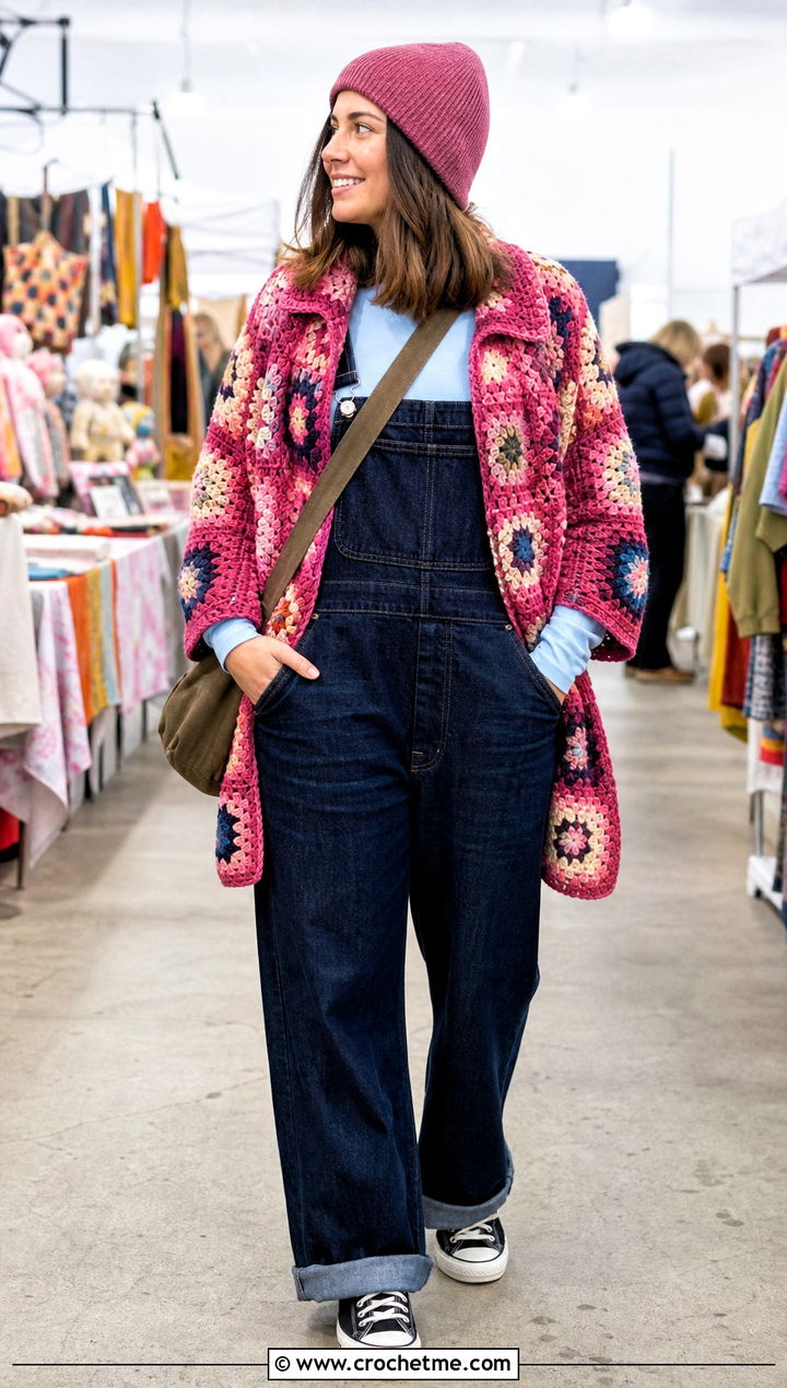 Upcycled Afghan Crochet Blanket Jacket With Overalls - 25 crochet blanket jacket outfit ideas