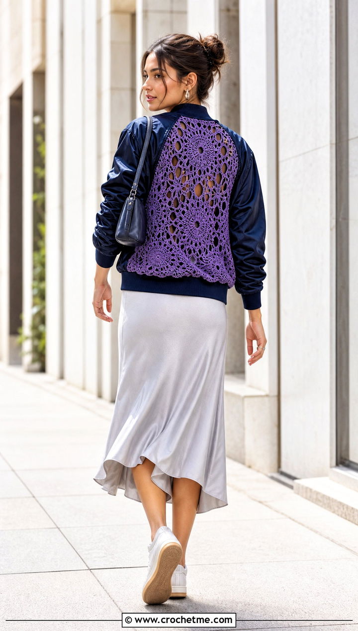 Upcycled Bomber Jacket With Crochet Back Panel - 25 upcycling clothes with crochet outfit ideas