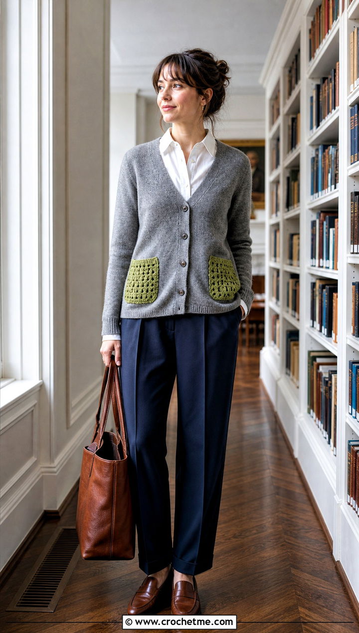 Upcycled Cardigan With Crochet Pocket Patches - 25 upcycling clothes with crochet outfit ideas