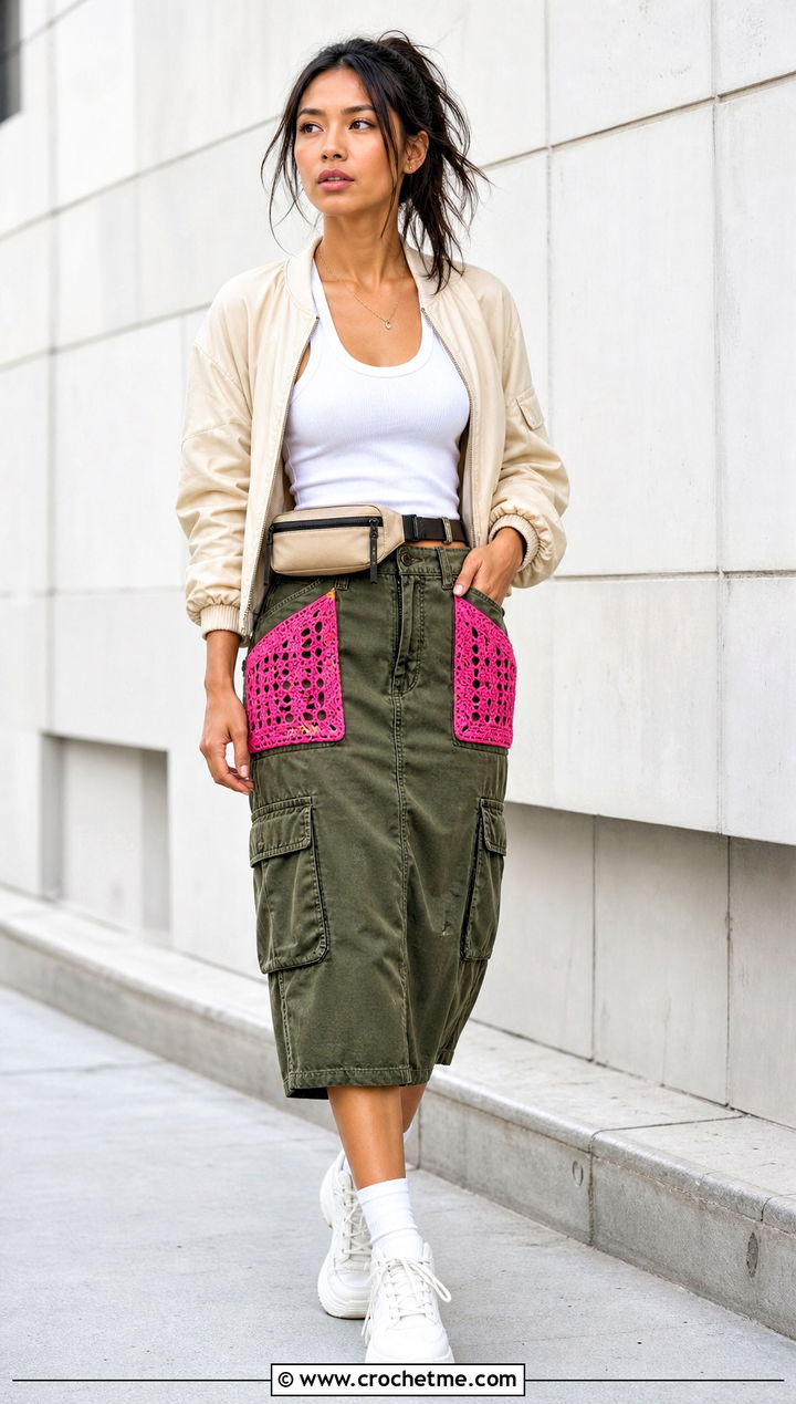 Upcycled Cargo Skirt With Crochet Pocket Panels - 25 upcycling clothes with crochet outfit ideas