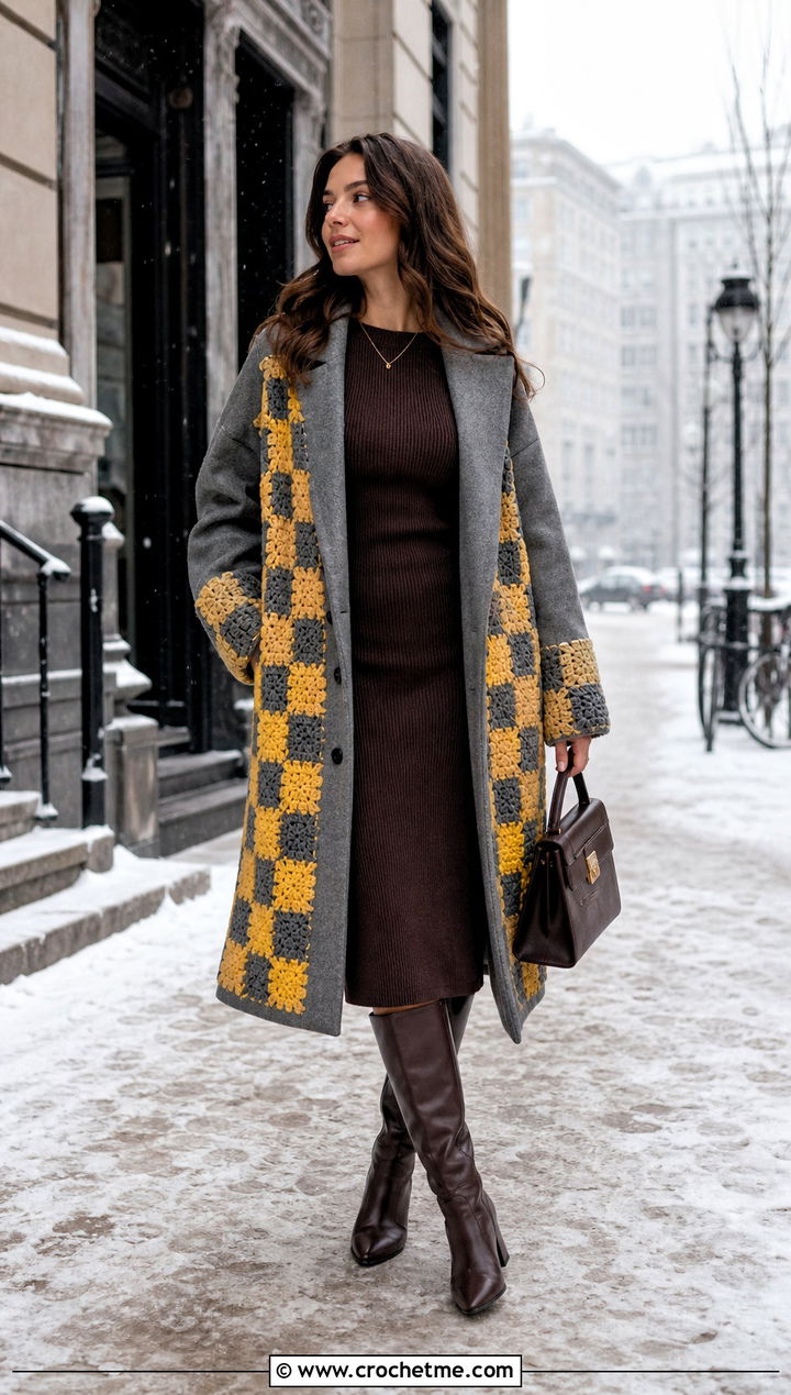 Upcycled Crochet Checkerboard Coat With A Knit Dress - 30 upcycle crochet clothes and outfit ideas