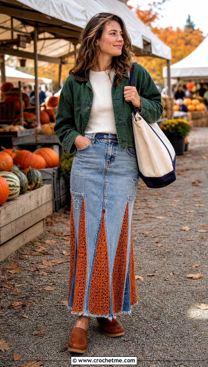 Upcycled Crochet Denim Maxi Skirt With Barn Jacket - 30 denim crochet skirt outfit ideas