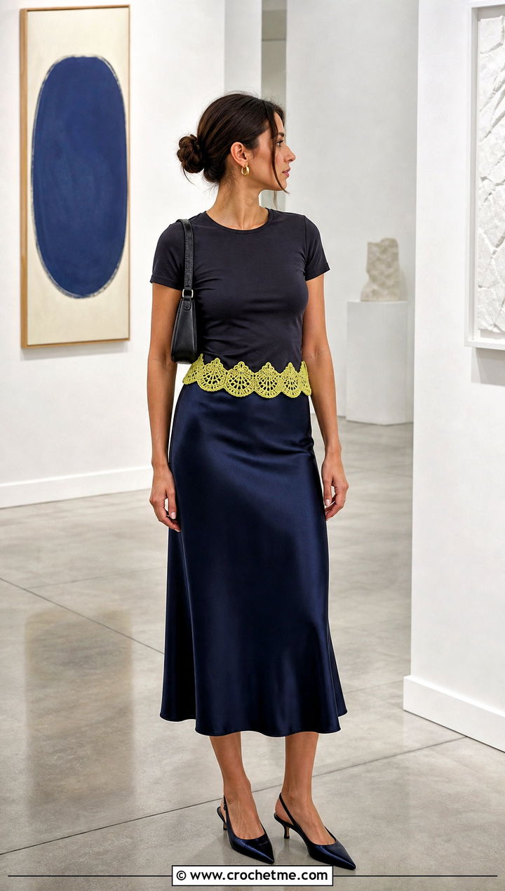 Upcycled Crochet Hem T Shirt With Satin Midi Skirt - 30 upcycle crochet clothes and outfit ideas