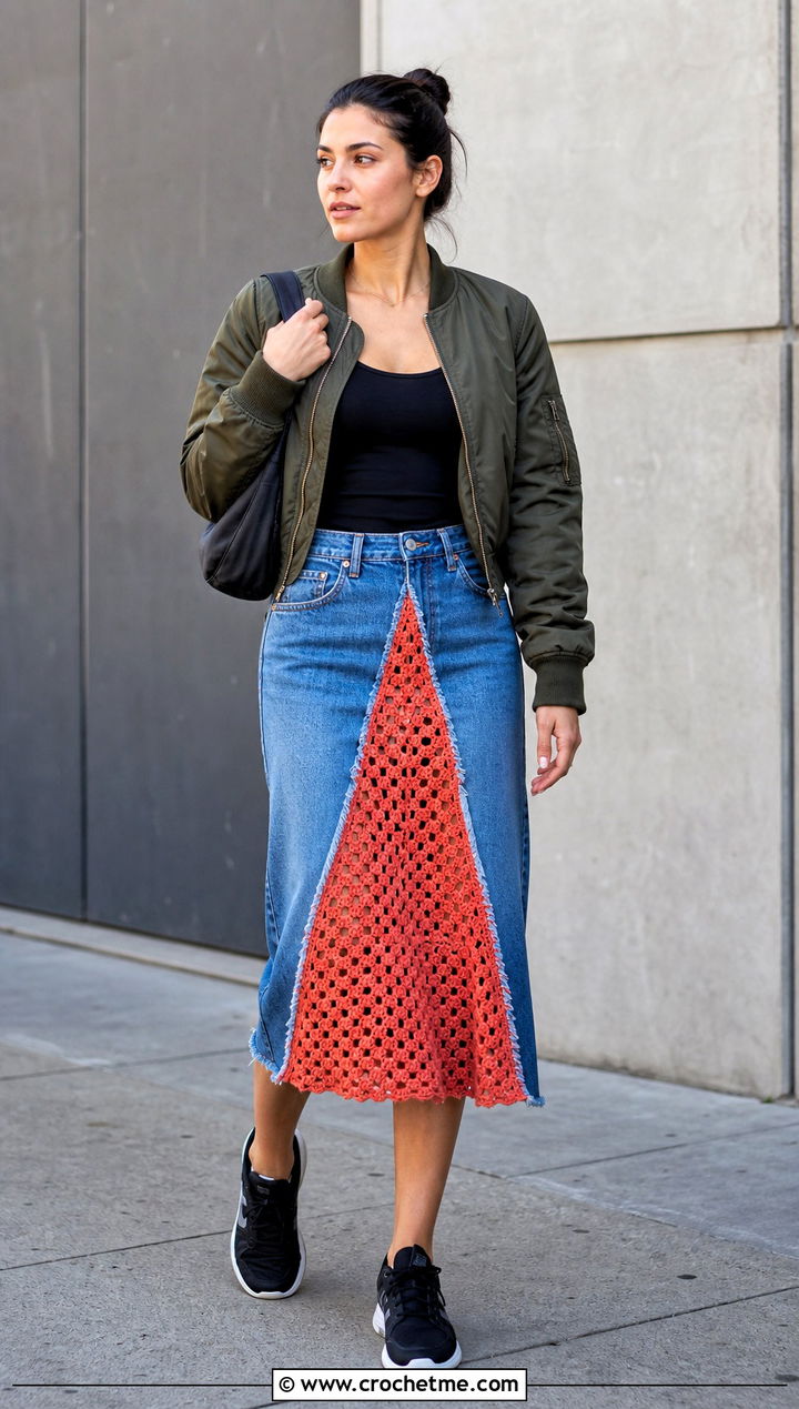 Upcycled Crochet Inset Denim Skirt With A Bomber Jacket - 30 upcycle crochet clothes and outfit ideas