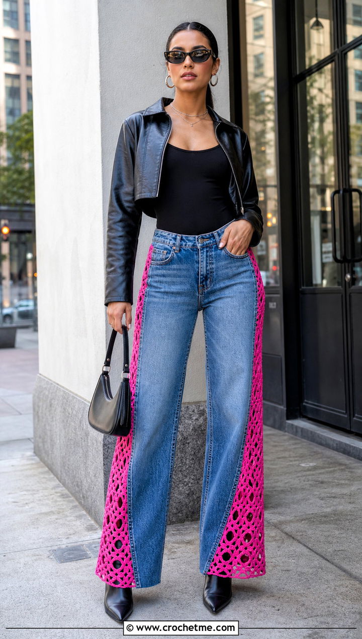 Upcycled Crochet Panel Jeans With A Fitted Bodysuit - 30 upcycle crochet clothes and outfit ideas