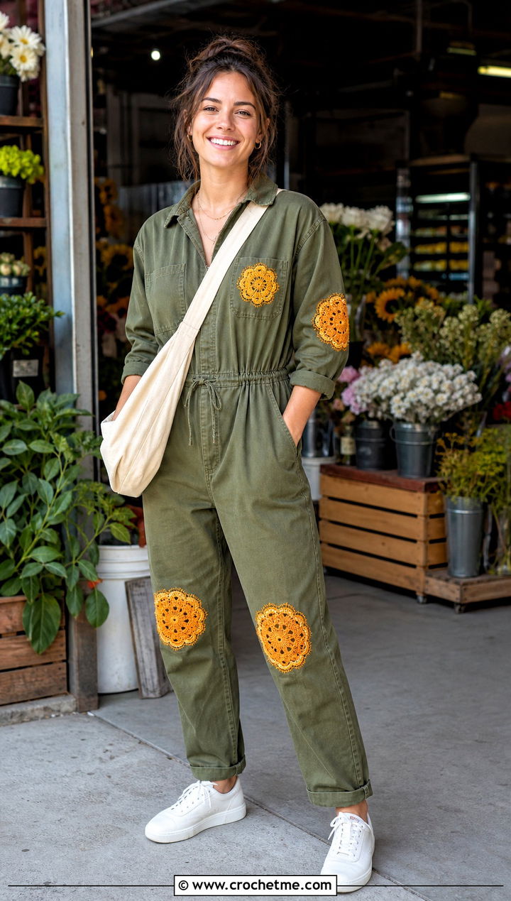 Upcycled Crochet Patch Utility Jumpsuit With Sneakers - 30 upcycle crochet clothes and outfit ideas