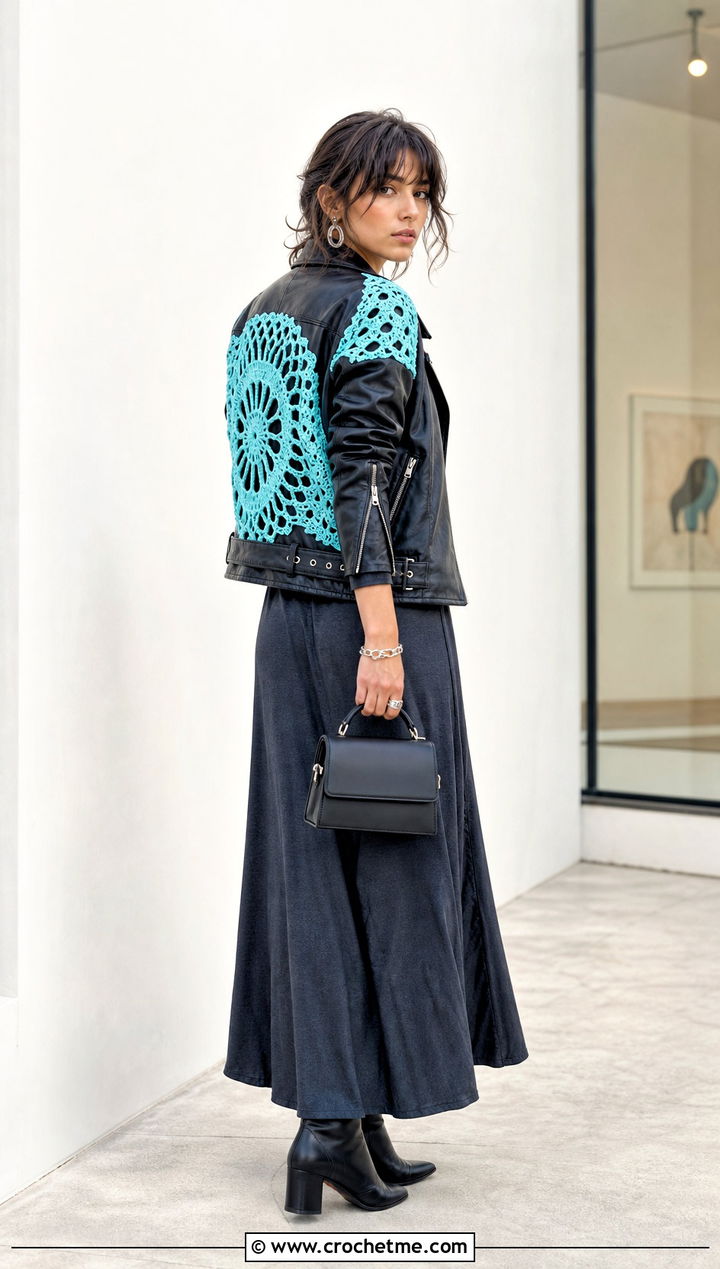 Upcycled Crochet Shoulder Panel Leather Jacket With A Maxi Dress - 30 upcycle crochet clothes and outfit ideas