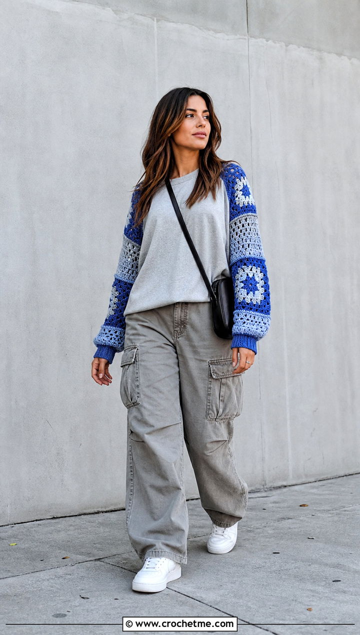 Upcycled Crochet Sleeve Sweatshirt With Cargo Pants - 30 upcycle crochet clothes and outfit ideas