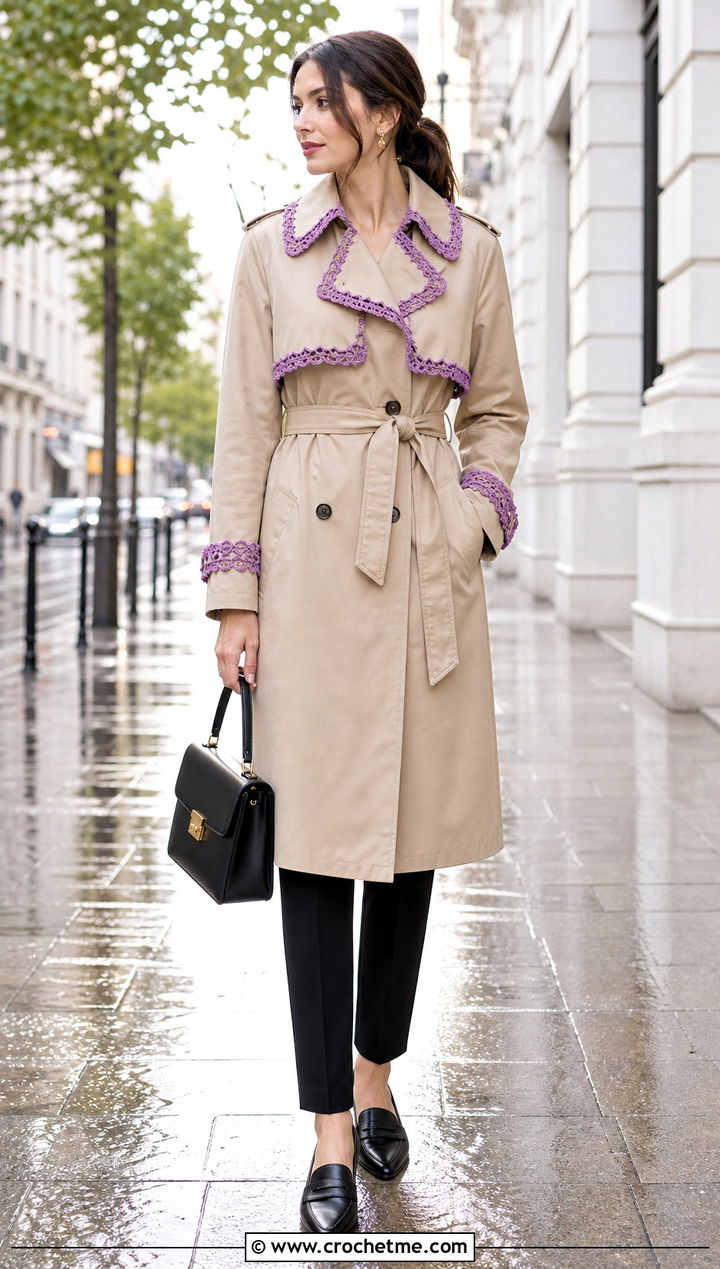Upcycled Crochet Trim Trench Coat With Cigarette Pants - 30 upcycle crochet clothes and outfit ideas