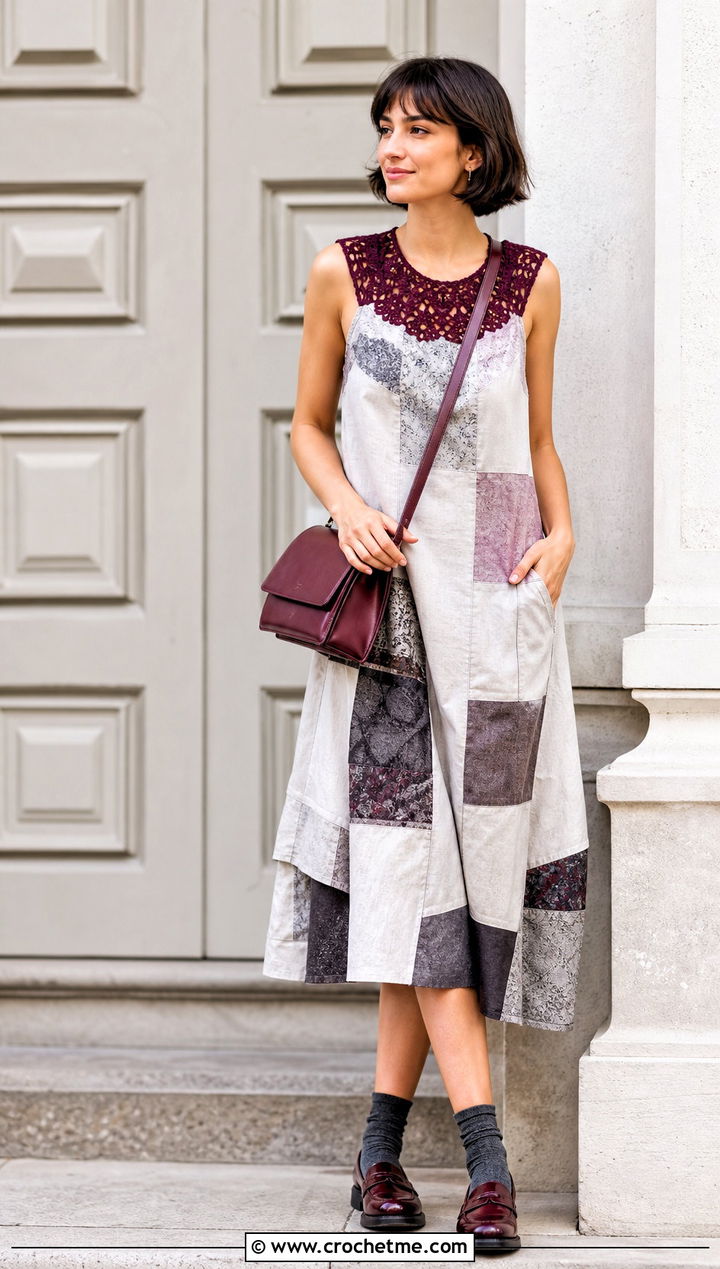Upcycled Crochet Yoke Dress With Loafers - 30 upcycle crochet clothes and outfit ideas