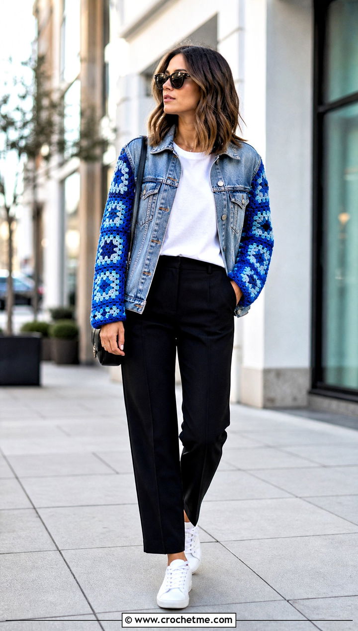 Upcycled Denim Jacket With Granny Square Sleeves - 25 upcycling clothes with crochet outfit ideas
