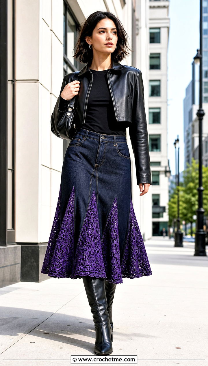 Upcycled Denim Skirt With Crochet Godet Panels - 25 upcycling clothes with crochet outfit ideas