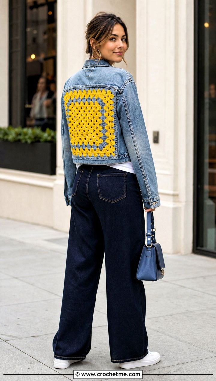 Upcycled Granny Square Denim Jacket With Wide Leg Jeans - 30 upcycle crochet clothes and outfit ideas