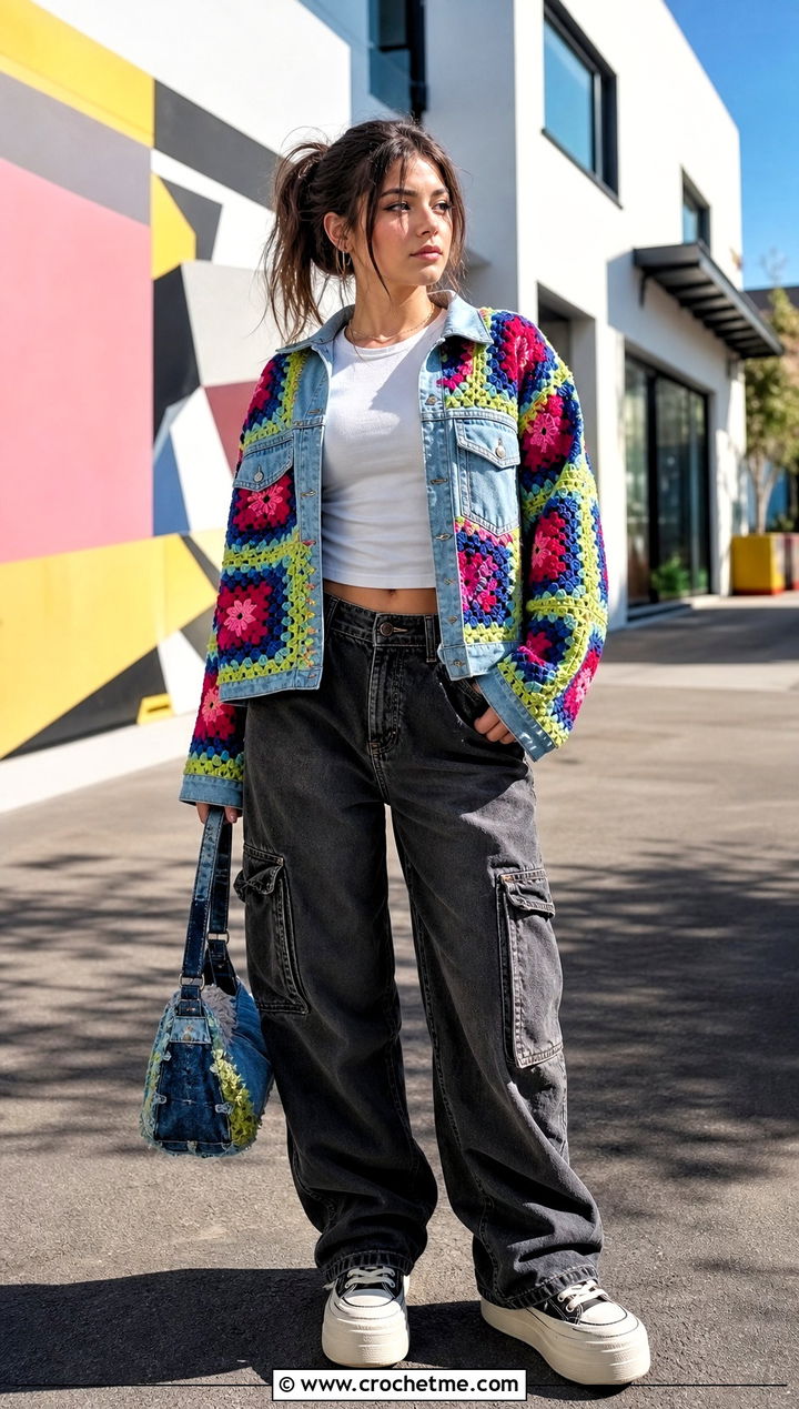 Upcycled Granny Square Jacket With Cargo Jeans - 30 granny square jackets outfit ideas