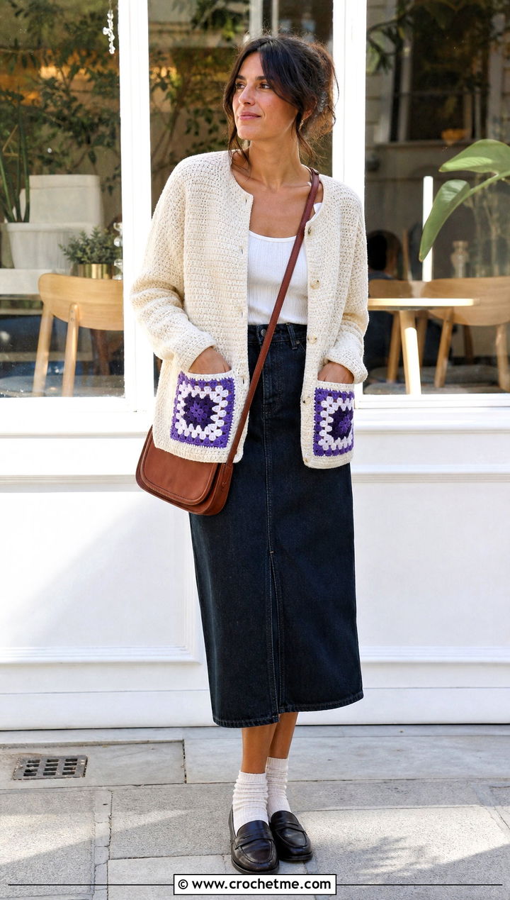 Upcycled Granny Square Pocket Cardigan With A Denim Skirt - 30 upcycle crochet clothes and outfit ideas