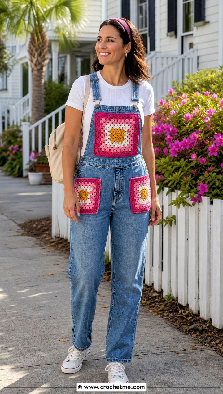 Upcycled Granny Square Pocket Overalls With A Ribbed Tee - 30 upcycle crochet clothes and outfit ideas