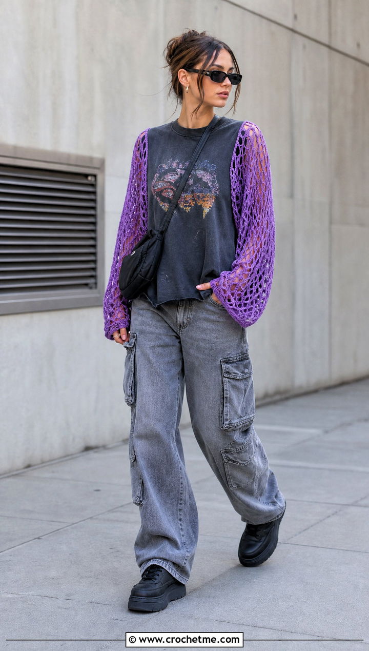 Upcycled Graphic T Shirt With Crochet Mesh Sleeves - 25 upcycling clothes with crochet outfit ideas