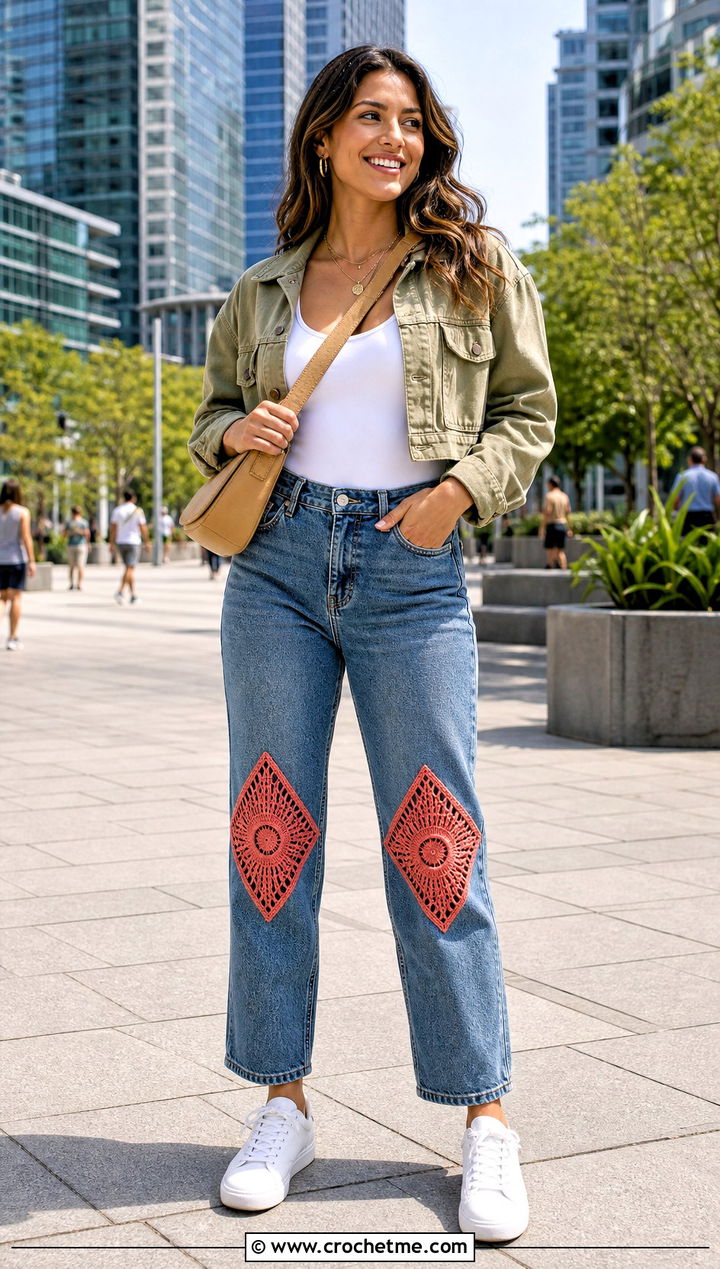 Upcycled Jeans With Crochet Knee Patches - 25 upcycling clothes with crochet outfit ideas