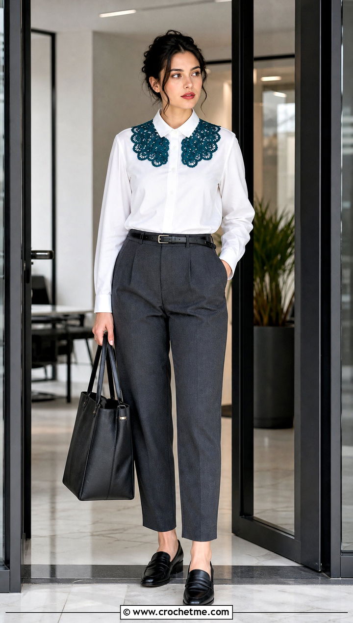 Upcycled Lace Crochet Collar Shirt With Tailored Trousers - 30 upcycle crochet clothes and outfit ideas