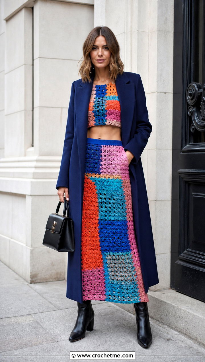 Upcycled Mixed Yarn Crochet Co Ord With A Long Coat - 30 upcycle crochet clothes and outfit ideas