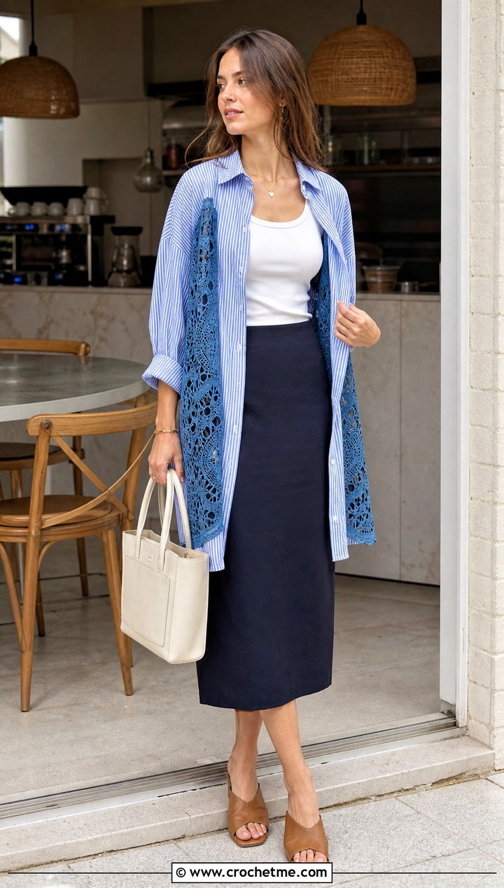 Upcycled Oversized Shirt With Crochet Lace Side Panels - 25 upcycling clothes with crochet outfit ideas