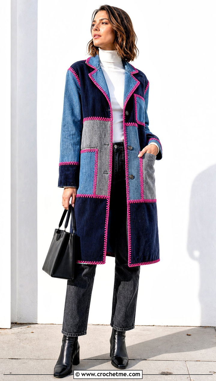 Upcycled Patchwork Coat With Crochet Seam Trim - 25 upcycling clothes with crochet outfit ideas