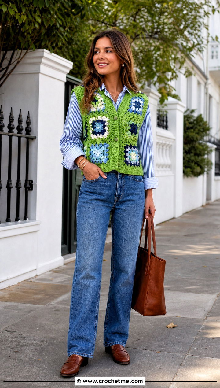 Upcycled Patchwork Crochet Vest With A Striped Shirt - 30 upcycle crochet clothes and outfit ideas