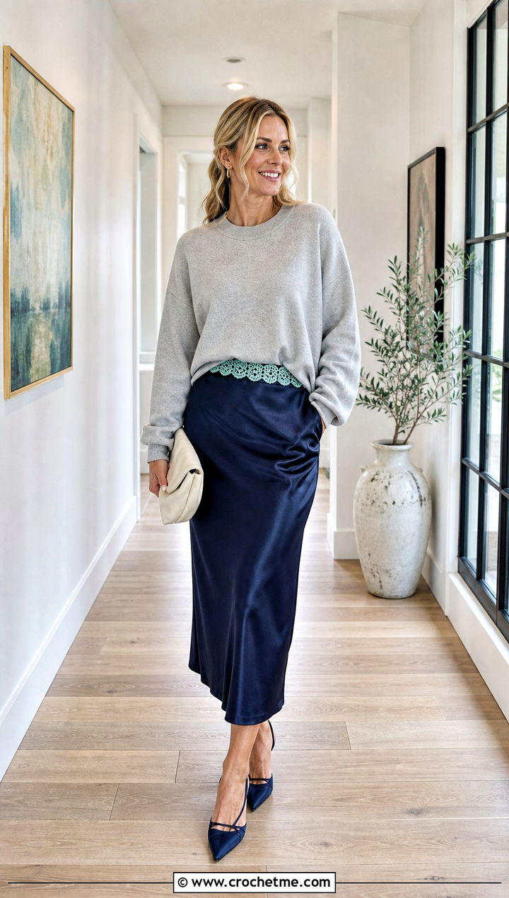 Upcycled Satin Skirt With Crochet Waistband - 25 upcycling clothes with crochet outfit ideas