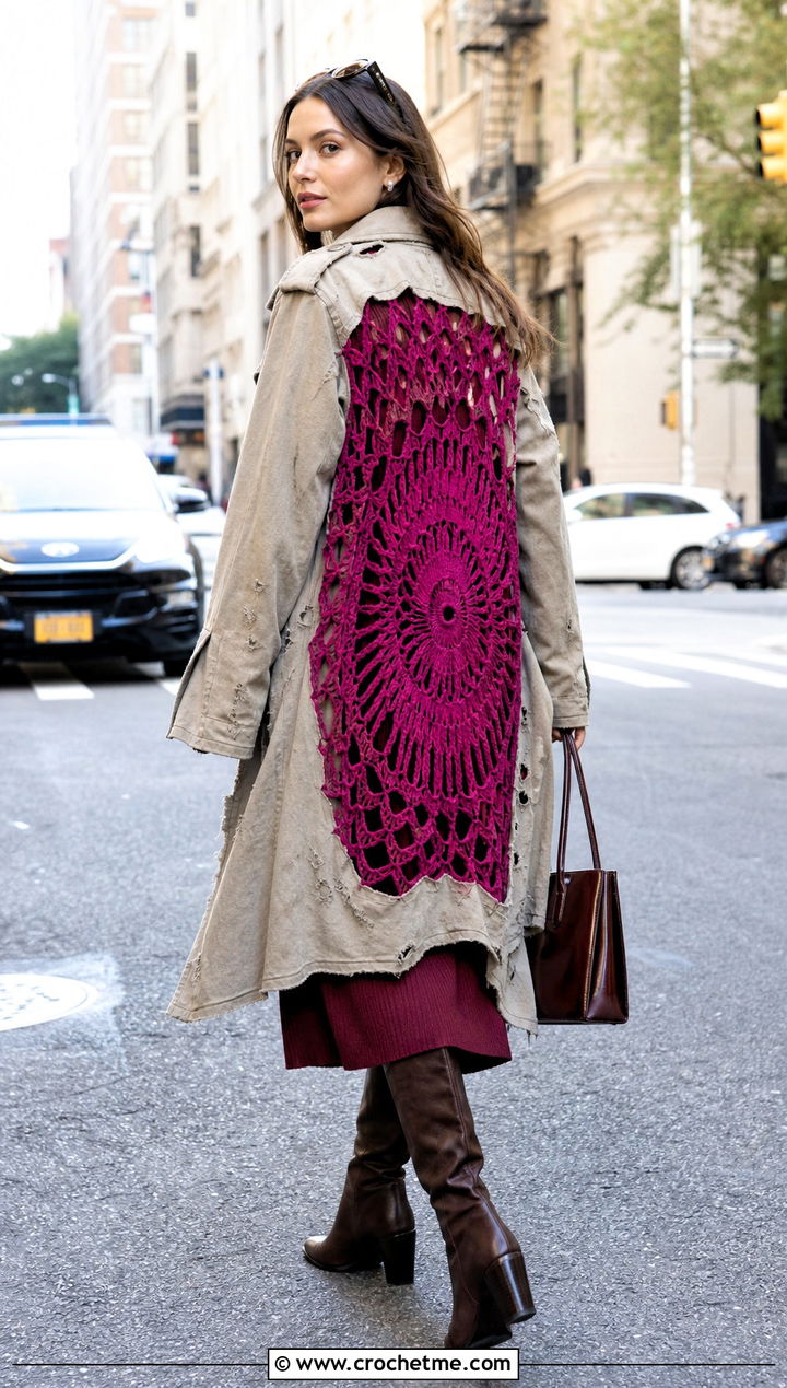 Upcycled Trench Coat With Crochet Back Panel - 25 upcycling clothes with crochet outfit ideas