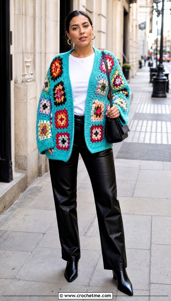 Upcycled Vintage Afghan Cardigan With Faux Leather Pants - 15 crochet granny square afghan style coat cardigan outfit ideas