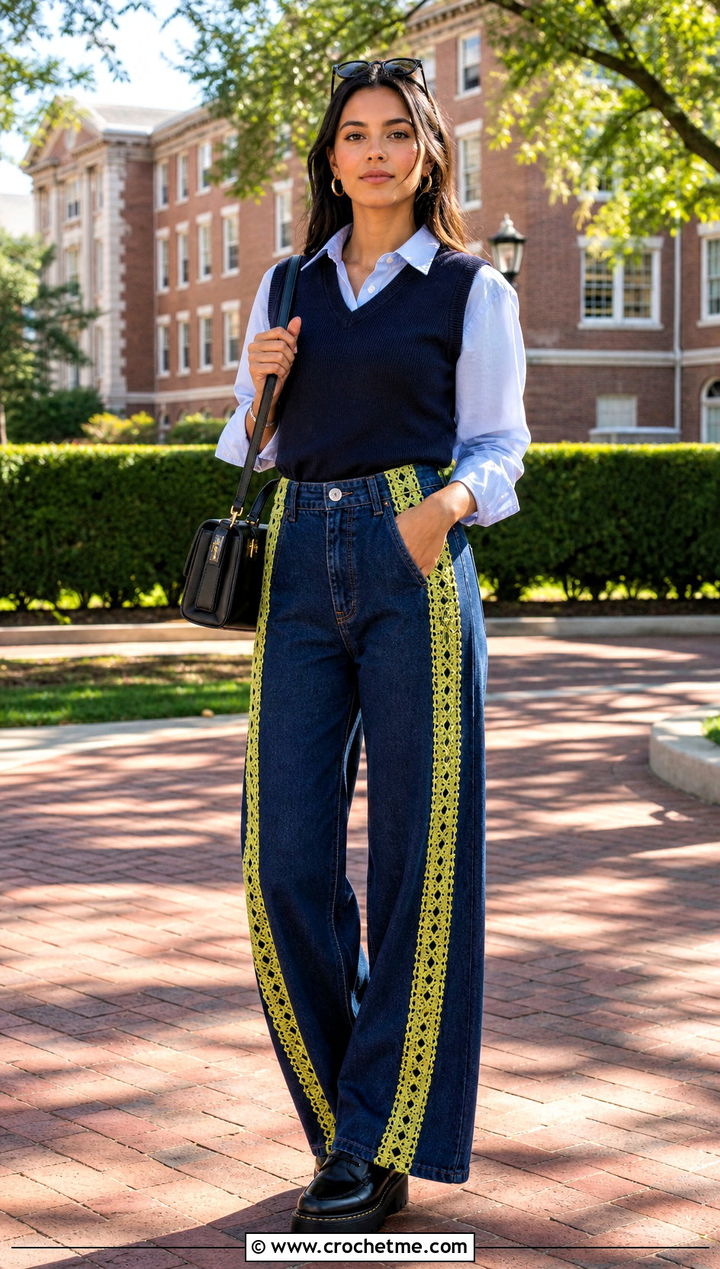 Upcycled Wide Leg Jeans With Crochet Side Stripes - 25 upcycling clothes with crochet outfit ideas