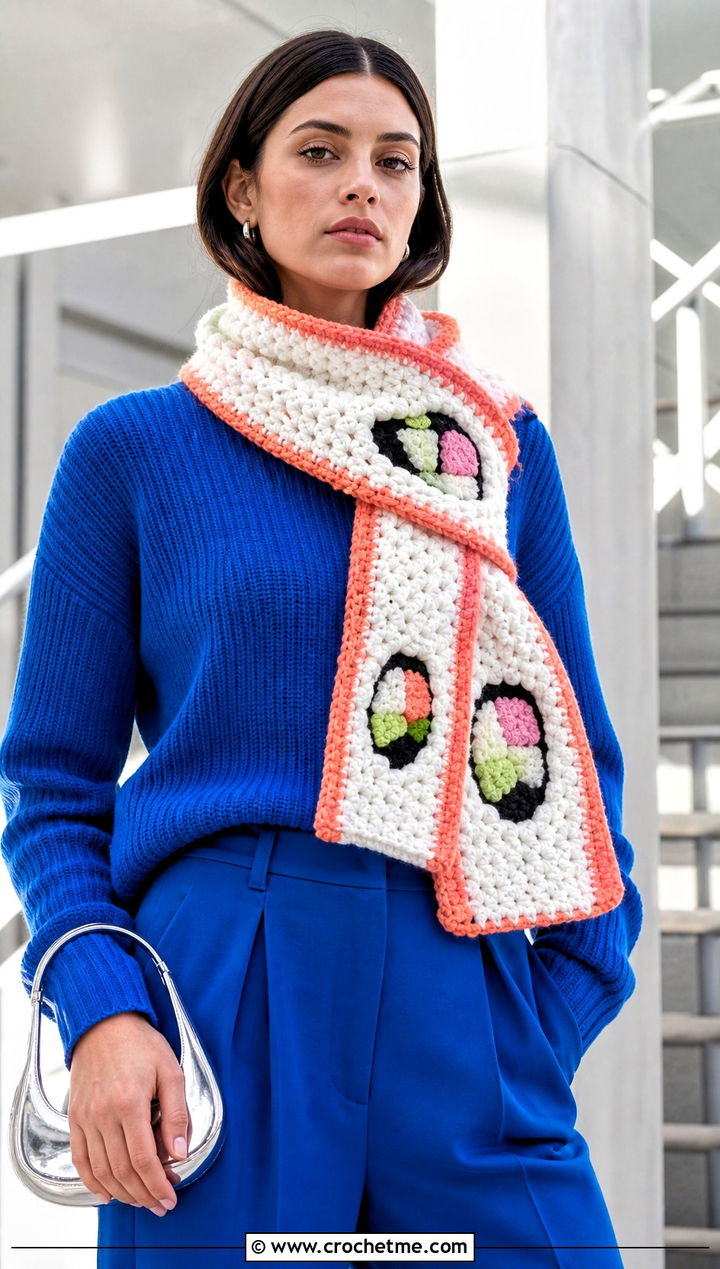 Uramaki Crochet Sushi Scarf With Monochrome Outfit - 30 crochet sushi scarf outfit ideas