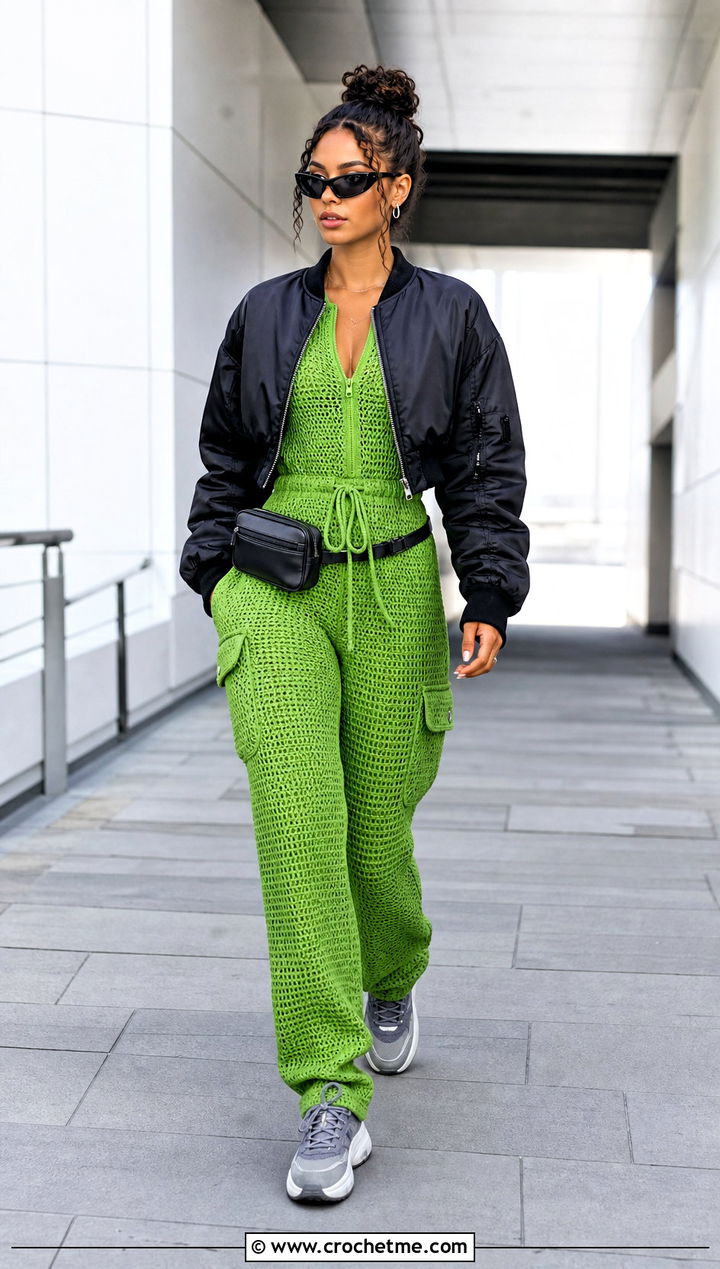 Utility Crochet Jumpsuit With Bomber Jacket - 30 crochet jumpsuit outfit ideas