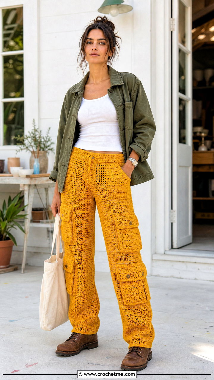 Utility Pocket Crochet Cargo Pants With Chore Jacket - 35 crochet cargo pants outfit ideas