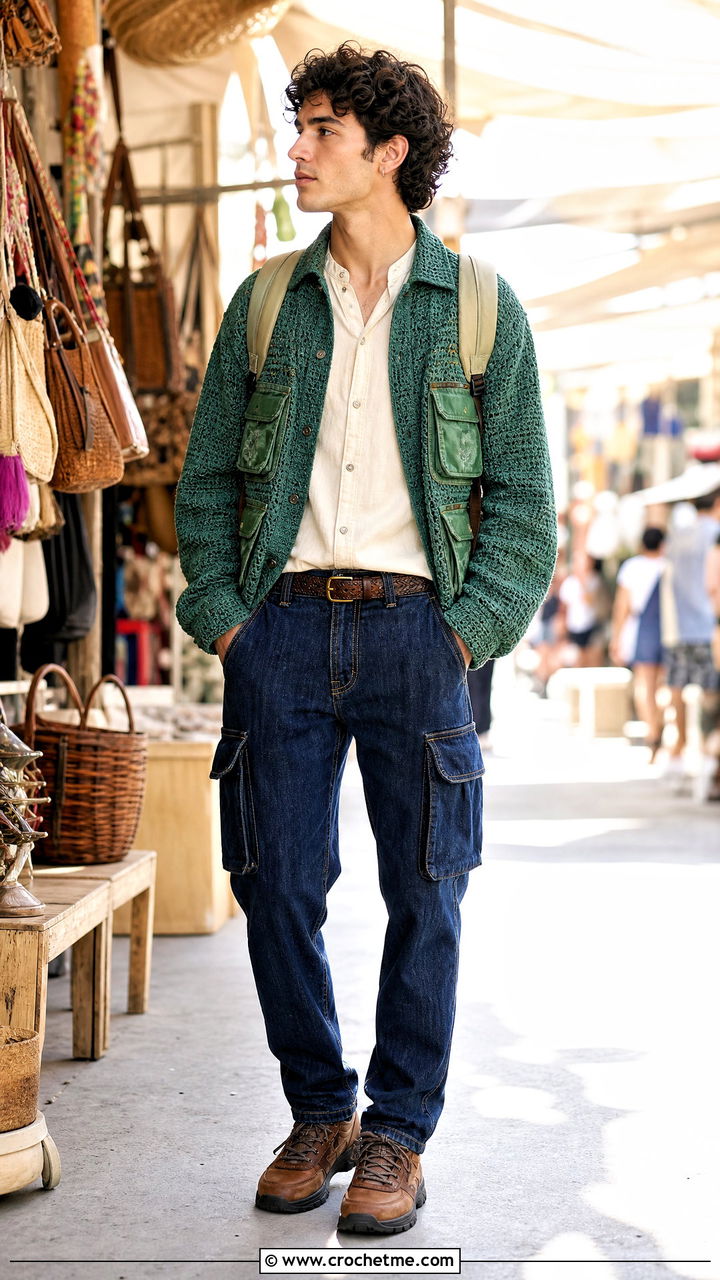 Utility Pocket Crochet Jacket With Cargo Jeans - 35 crochet jacket for men outfit ideas
