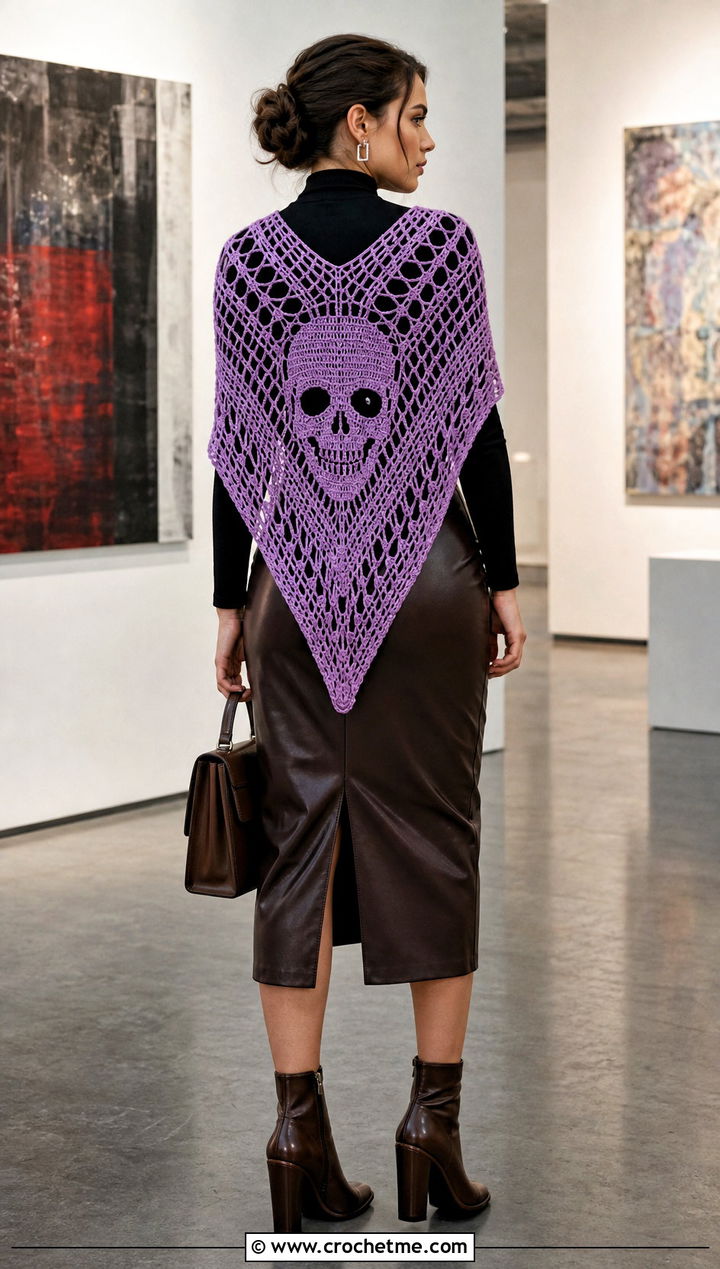 V Back Crochet Skull Shawl With a Leather Midi Skirt - 35 crochet skull shawl outfit ideas