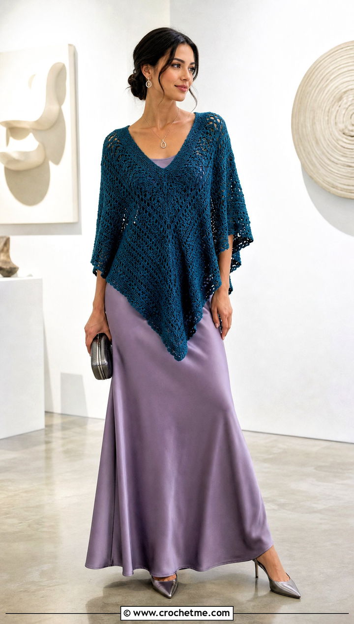 V Collar Crochet Poncho With Satin Maxi Skirt - 25 Crochet Poncho With Collar outfit ideas