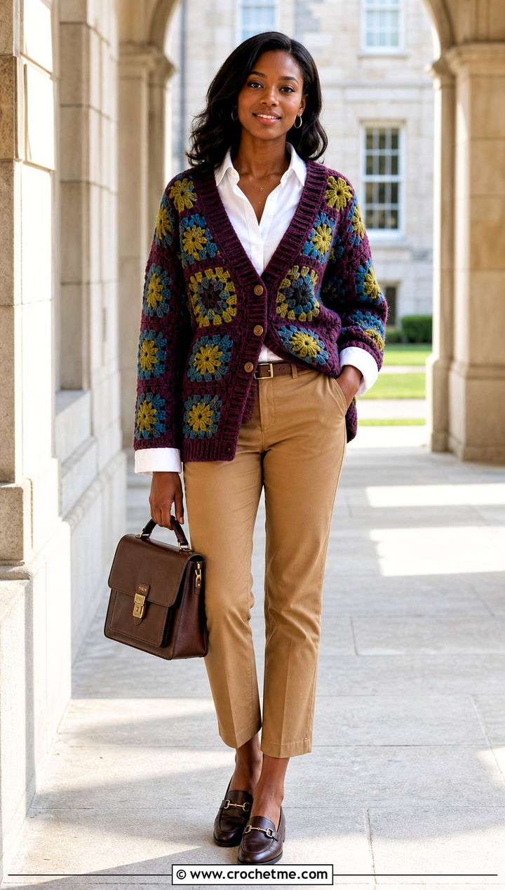 V Neck African Flower Crochet Cardigan With Shirt And Chinos - 30 african flower crochet cardigan outfit ideas