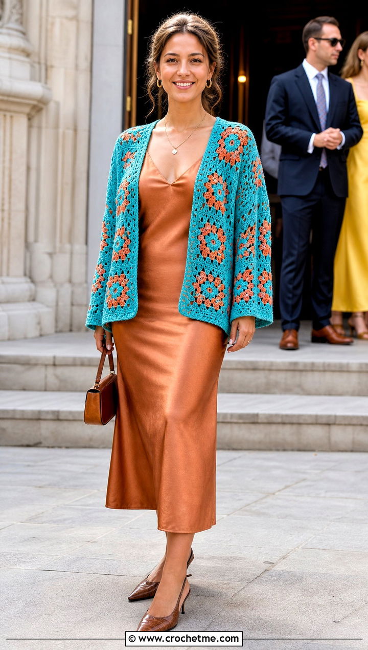 V Neck African Flower Granny Square Cardigan With Slip Dress - 30 african flower granny square cardigan outfit ideas