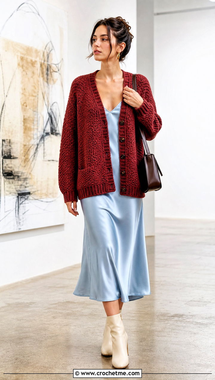 V Neck Alpine Stitch Crochet Cardigan With Slip Dress - 25 Alpine Stitch Crochet Cardigan outfit ideas